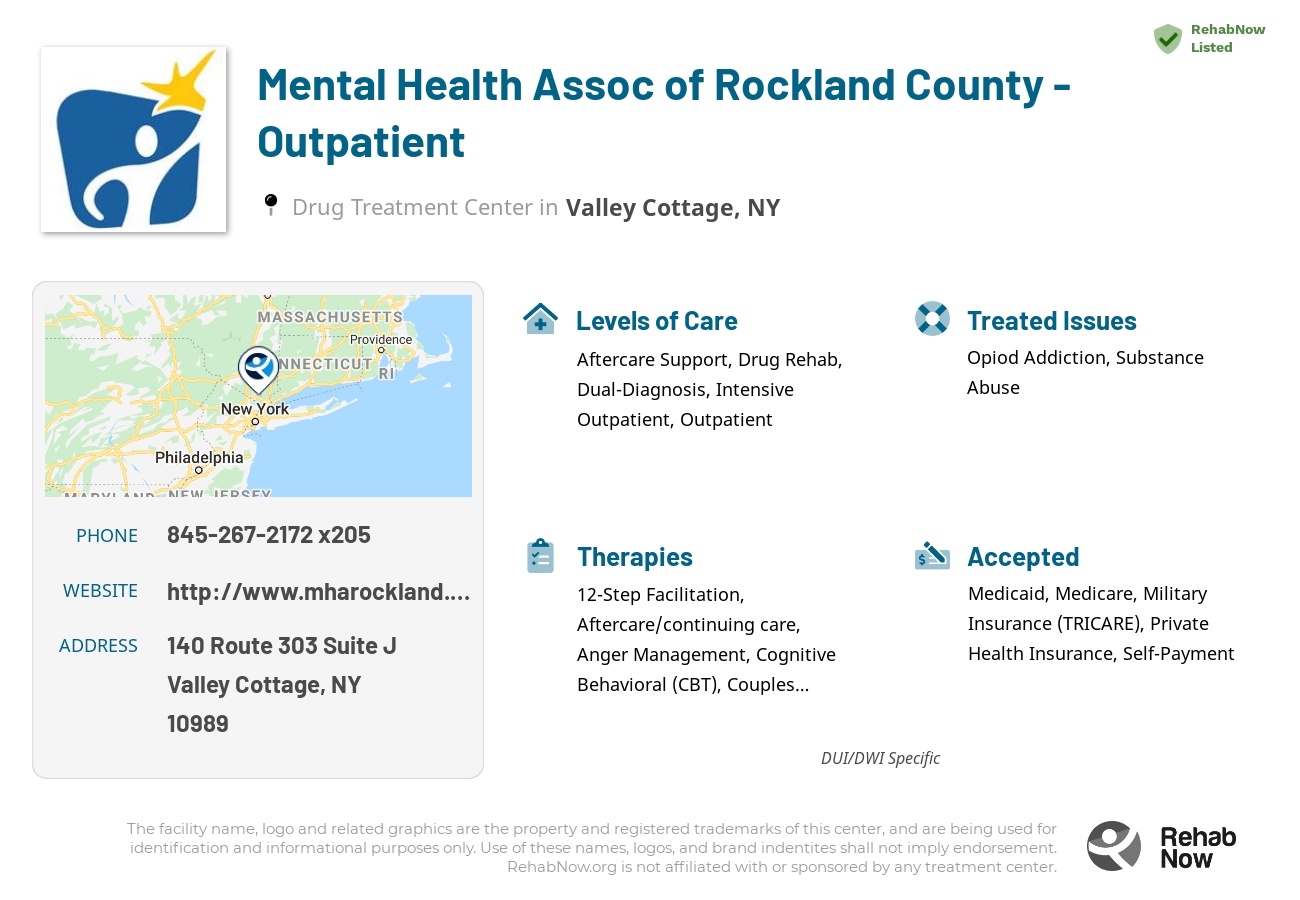 Helpful reference information for Mental Health Assoc of Rockland County - Outpatient, a drug treatment center in New York located at: 140 Route 303 Suite J, Valley Cottage, NY 10989, including phone numbers, official website, and more. Listed briefly is an overview of Levels of Care, Therapies Offered, Issues Treated, and accepted forms of Payment Methods.