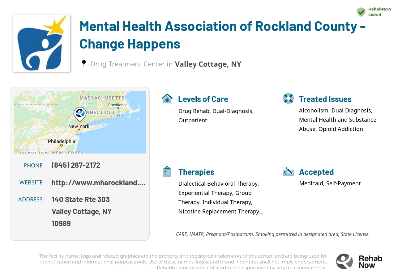 Helpful reference information for Mental Health Association of Rockland County - Change Happens, a drug treatment center in New York located at: 140 State Rte 303, Valley Cottage, NY 10989, including phone numbers, official website, and more. Listed briefly is an overview of Levels of Care, Therapies Offered, Issues Treated, and accepted forms of Payment Methods.