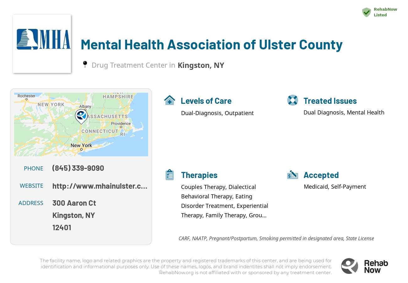Helpful reference information for Mental Health Association of Ulster County, a drug treatment center in New York located at: 300 Aaron Ct, Kingston, NY 12401, including phone numbers, official website, and more. Listed briefly is an overview of Levels of Care, Therapies Offered, Issues Treated, and accepted forms of Payment Methods.