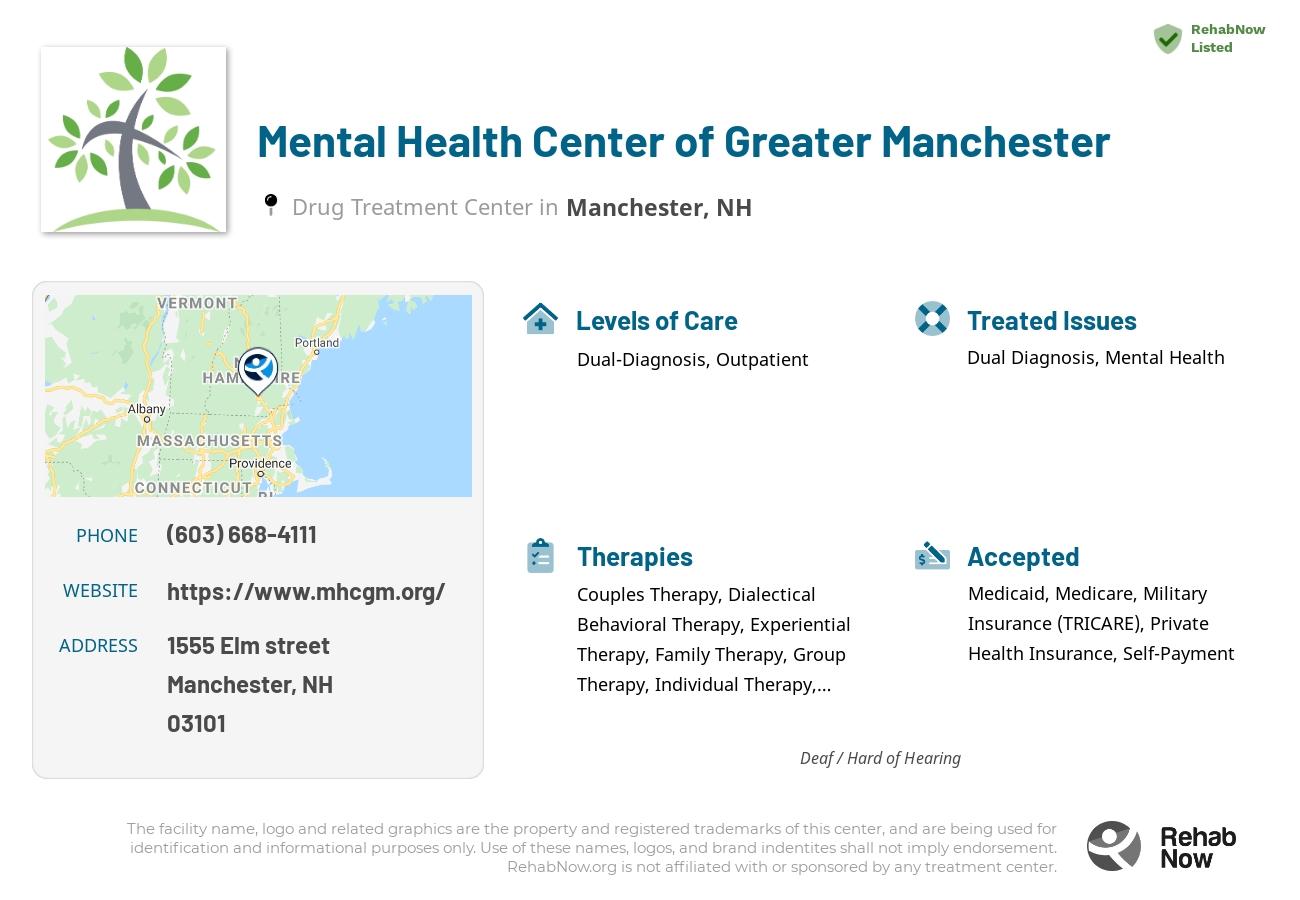 Helpful reference information for Mental Health Center of Greater Manchester, a drug treatment center in New Hampshire located at: 1555 1555 Elm street, Manchester, NH 03101, including phone numbers, official website, and more. Listed briefly is an overview of Levels of Care, Therapies Offered, Issues Treated, and accepted forms of Payment Methods.