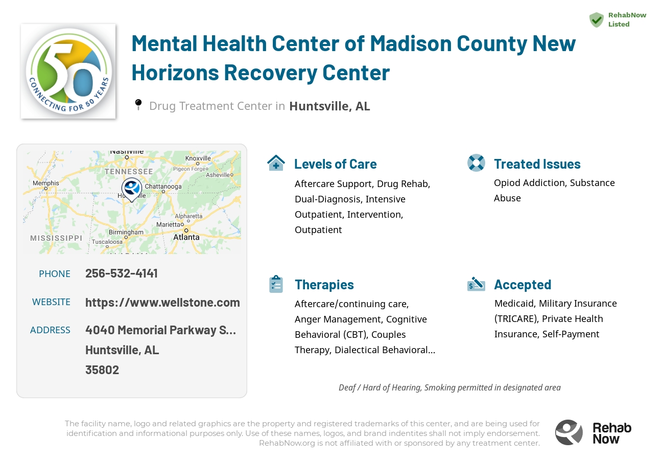 Helpful reference information for Mental Health Center of Madison County New Horizons Recovery Center, a drug treatment center in Alabama located at: 4040 Memorial Parkway SW Suite C, Huntsville, AL 35802, including phone numbers, official website, and more. Listed briefly is an overview of Levels of Care, Therapies Offered, Issues Treated, and accepted forms of Payment Methods.