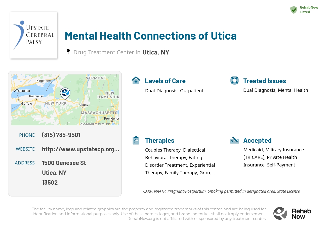 Helpful reference information for Mental Health Connections of Utica, a drug treatment center in New York located at: 1500 Genesee St, Utica, NY 13502, including phone numbers, official website, and more. Listed briefly is an overview of Levels of Care, Therapies Offered, Issues Treated, and accepted forms of Payment Methods.