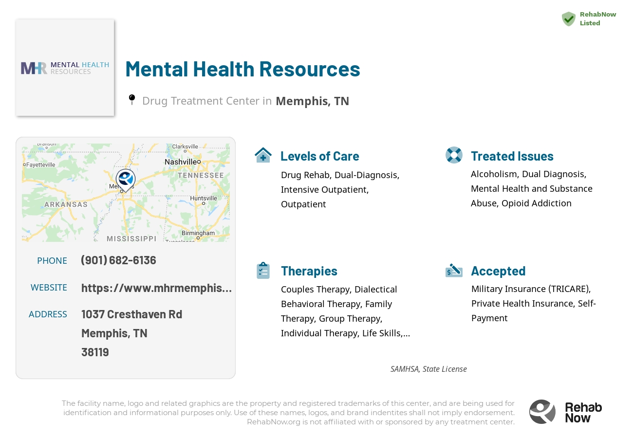 Helpful reference information for Mental Health Resources, a drug treatment center in Tennessee located at: 1037 Cresthaven Rd, Memphis, TN 38119, including phone numbers, official website, and more. Listed briefly is an overview of Levels of Care, Therapies Offered, Issues Treated, and accepted forms of Payment Methods.