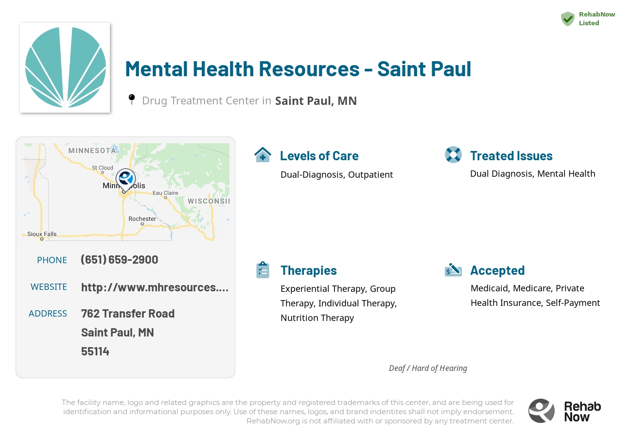 Helpful reference information for Mental Health Resources - Saint Paul, a drug treatment center in Minnesota located at: 762 762 Transfer Road, Saint Paul, MN 55114, including phone numbers, official website, and more. Listed briefly is an overview of Levels of Care, Therapies Offered, Issues Treated, and accepted forms of Payment Methods.