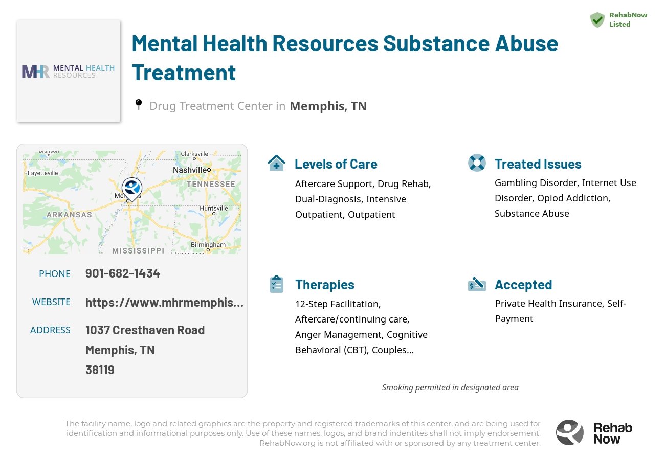 Helpful reference information for Mental Health Resources Substance Abuse Treatment, a drug treatment center in Tennessee located at: 1037 Cresthaven Road, Memphis, TN 38119, including phone numbers, official website, and more. Listed briefly is an overview of Levels of Care, Therapies Offered, Issues Treated, and accepted forms of Payment Methods.