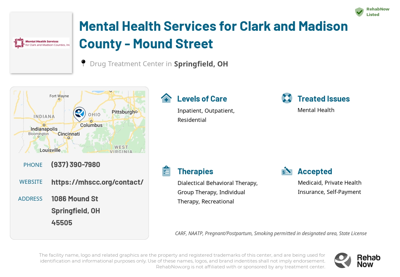 Helpful reference information for Mental Health Services for Clark and Madison County - Mound Street, a drug treatment center in Ohio located at: 1086 Mound St, Springfield, OH 45505, including phone numbers, official website, and more. Listed briefly is an overview of Levels of Care, Therapies Offered, Issues Treated, and accepted forms of Payment Methods.