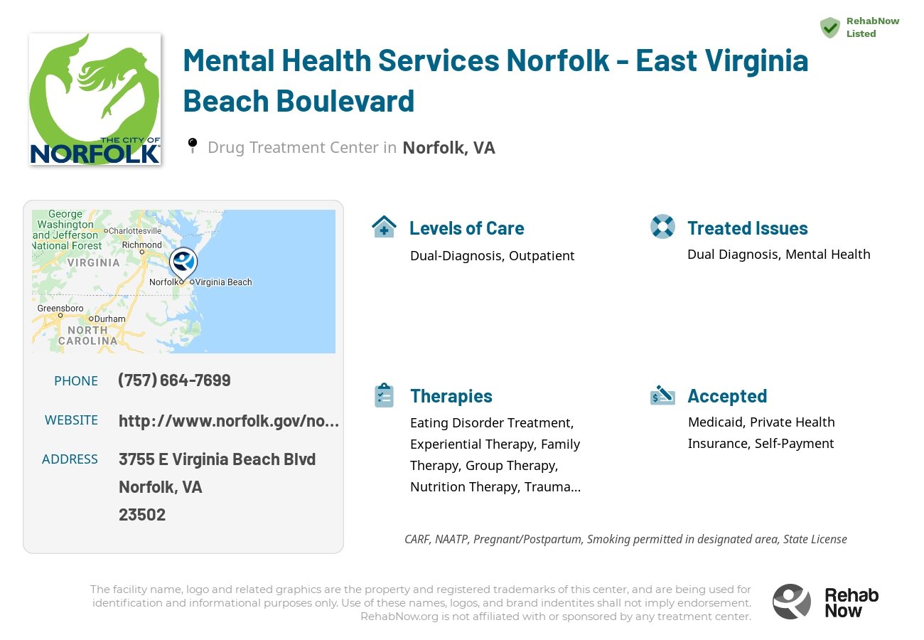 Helpful reference information for Mental Health Services Norfolk - East Virginia Beach Boulevard, a drug treatment center in Virginia located at: 3755 E Virginia Beach Blvd, Norfolk, VA 23502, including phone numbers, official website, and more. Listed briefly is an overview of Levels of Care, Therapies Offered, Issues Treated, and accepted forms of Payment Methods.