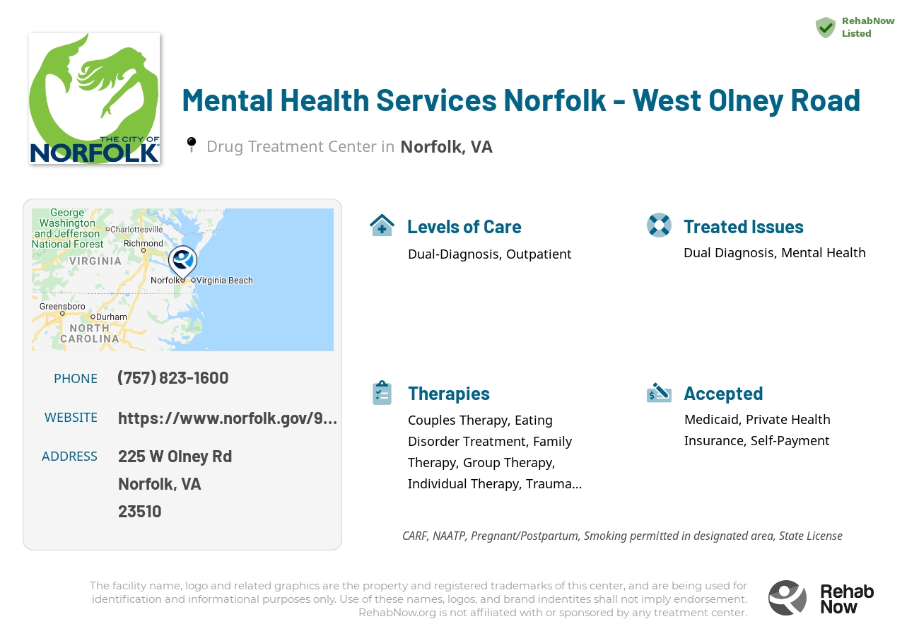Helpful reference information for Mental Health Services Norfolk - West Olney Road, a drug treatment center in Virginia located at: 225 W Olney Rd, Norfolk, VA 23510, including phone numbers, official website, and more. Listed briefly is an overview of Levels of Care, Therapies Offered, Issues Treated, and accepted forms of Payment Methods.