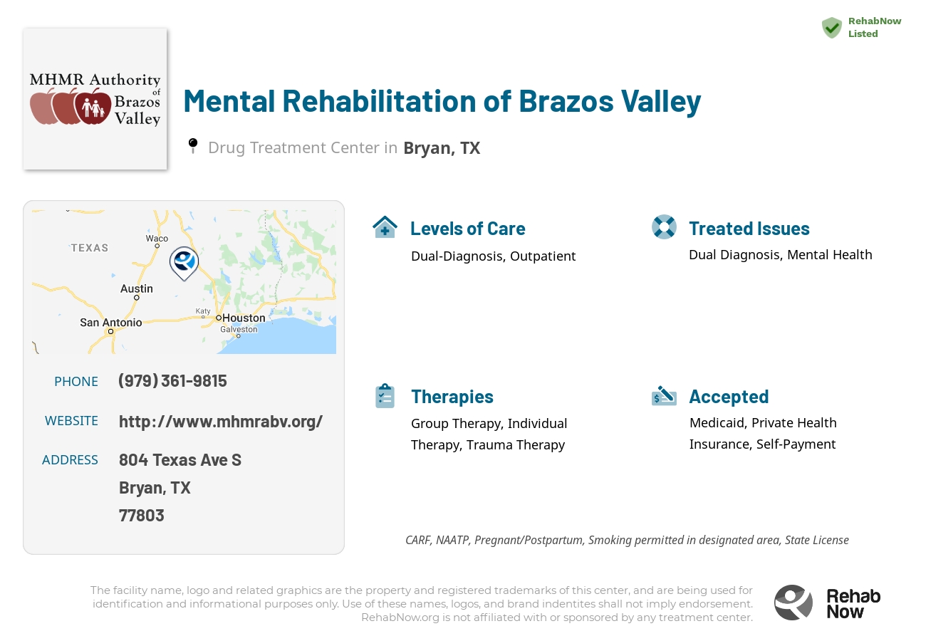 Helpful reference information for Mental Rehabilitation of Brazos Valley, a drug treatment center in Texas located at: 804 Texas Ave S, Bryan, TX 77803, including phone numbers, official website, and more. Listed briefly is an overview of Levels of Care, Therapies Offered, Issues Treated, and accepted forms of Payment Methods.