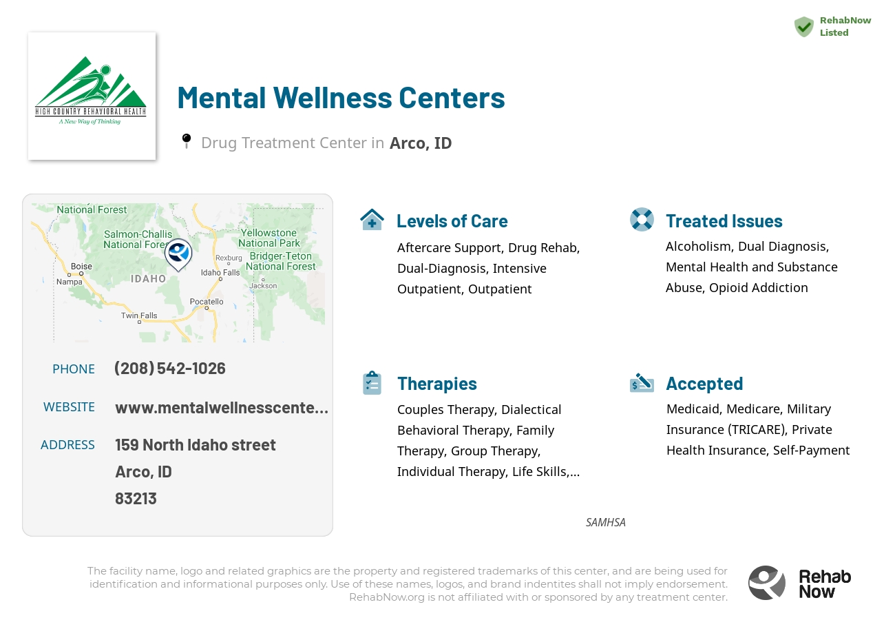Helpful reference information for Mental Wellness Centers, a drug treatment center in Idaho located at: 159 North Idaho street, Arco, ID, 83213, including phone numbers, official website, and more. Listed briefly is an overview of Levels of Care, Therapies Offered, Issues Treated, and accepted forms of Payment Methods.