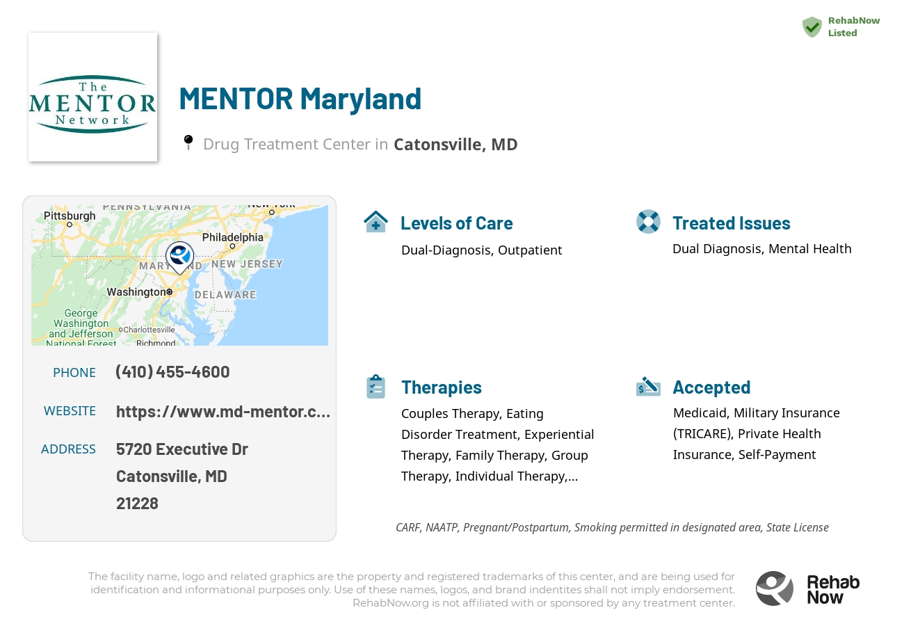 Helpful reference information for MENTOR Maryland, a drug treatment center in Maryland located at: 5720 Executive Dr, Catonsville, MD 21228, including phone numbers, official website, and more. Listed briefly is an overview of Levels of Care, Therapies Offered, Issues Treated, and accepted forms of Payment Methods.