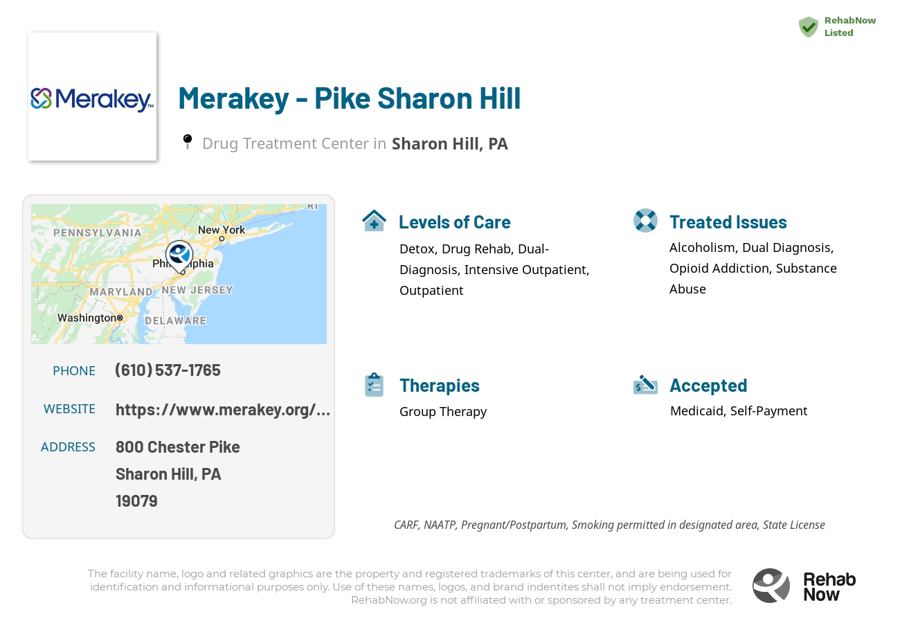 Helpful reference information for Merakey - Pike Sharon Hill, a drug treatment center in Pennsylvania located at: 800 Chester Pike, Sharon Hill, PA 19079, including phone numbers, official website, and more. Listed briefly is an overview of Levels of Care, Therapies Offered, Issues Treated, and accepted forms of Payment Methods.