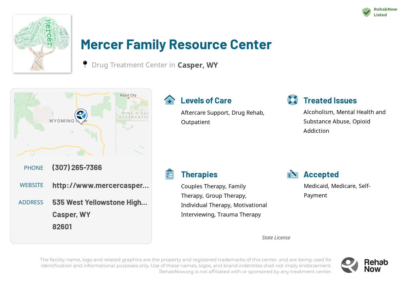 Helpful reference information for Mercer Family Resource Center, a drug treatment center in Wyoming located at: 535 535 West Yellowstone Highway, Casper, WY 82601, including phone numbers, official website, and more. Listed briefly is an overview of Levels of Care, Therapies Offered, Issues Treated, and accepted forms of Payment Methods.