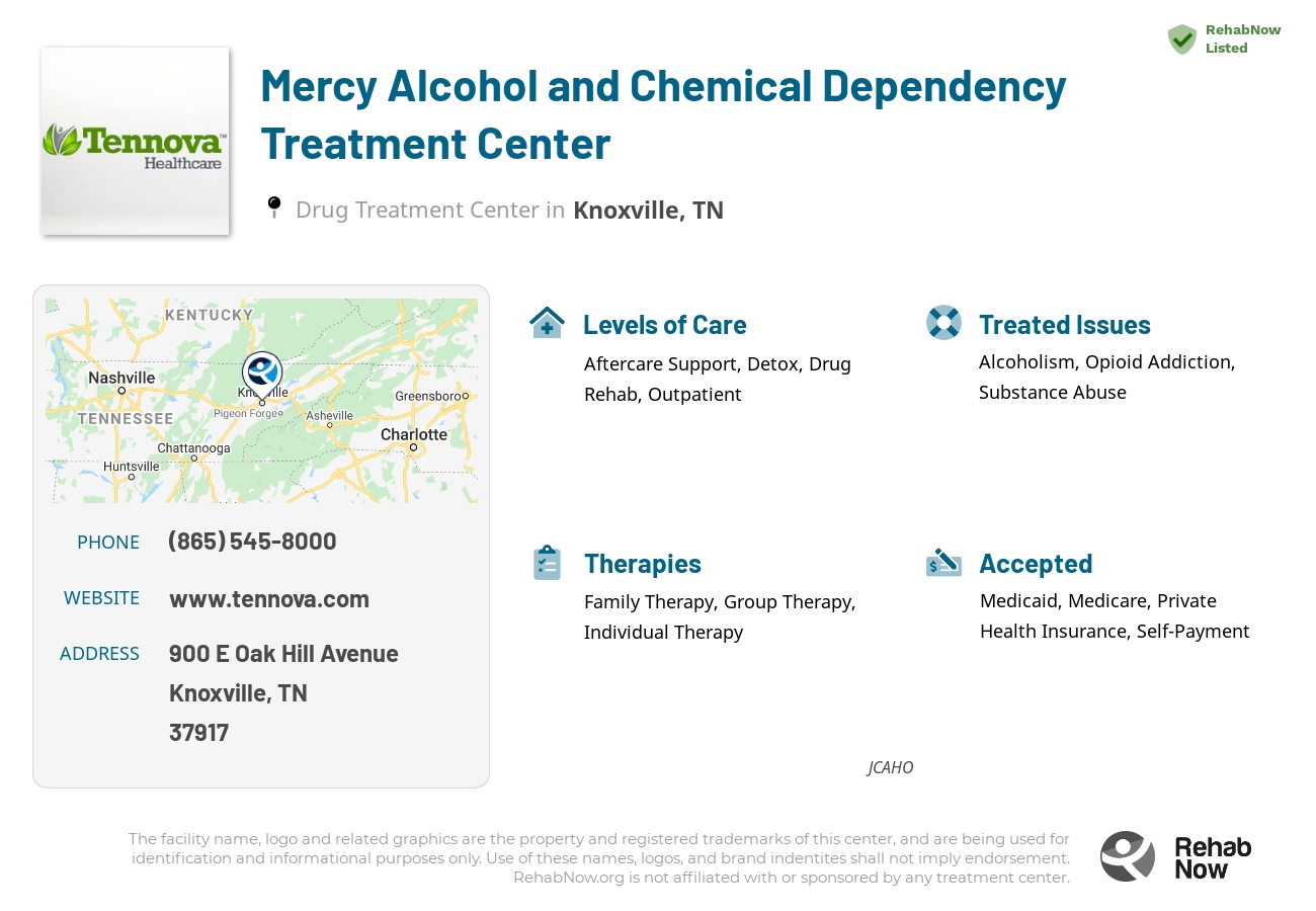 Helpful reference information for Mercy Alcohol and Chemical Dependency Treatment Center, a drug treatment center in Tennessee located at: 900 E Oak Hill Avenue, Knoxville, TN, 37917, including phone numbers, official website, and more. Listed briefly is an overview of Levels of Care, Therapies Offered, Issues Treated, and accepted forms of Payment Methods.