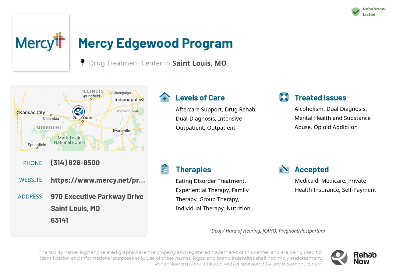 Helpful reference information for Mercy Edgewood Program, a drug treatment center in Missouri located at: 970 Executive Parkway Drive, Saint Louis, MO, 63141, including phone numbers, official website, and more. Listed briefly is an overview of Levels of Care, Therapies Offered, Issues Treated, and accepted forms of Payment Methods.