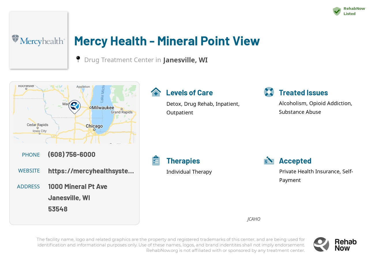 Helpful reference information for Mercy Health - Mineral Point View, a drug treatment center in Wisconsin located at: 1000 Mineral Pt Ave, Janesville, WI 53548, including phone numbers, official website, and more. Listed briefly is an overview of Levels of Care, Therapies Offered, Issues Treated, and accepted forms of Payment Methods.