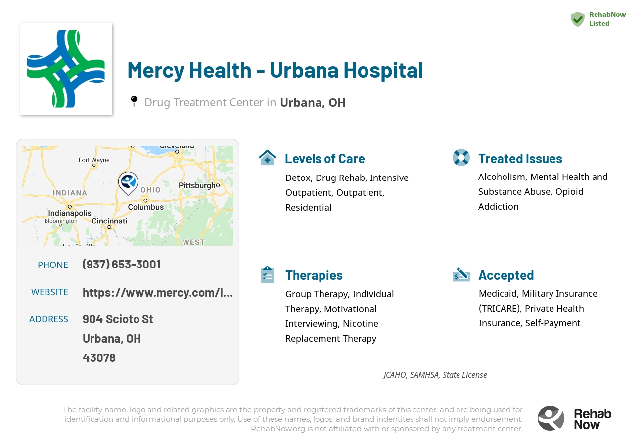 Helpful reference information for Mercy Health - Urbana Hospital, a drug treatment center in Ohio located at: 904 Scioto St, Urbana, OH 43078, including phone numbers, official website, and more. Listed briefly is an overview of Levels of Care, Therapies Offered, Issues Treated, and accepted forms of Payment Methods.