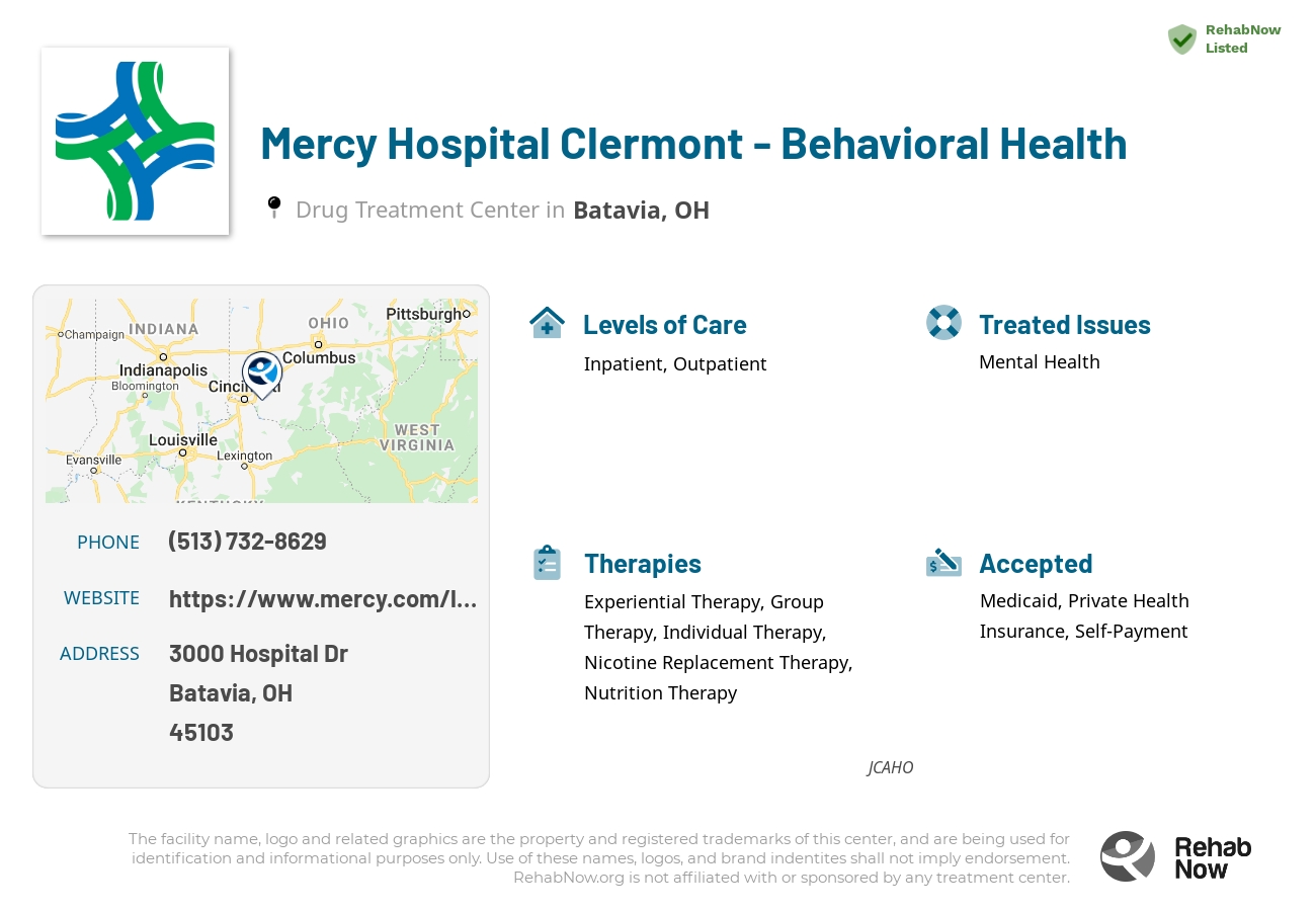 Helpful reference information for Mercy Hospital Clermont - Behavioral Health, a drug treatment center in Ohio located at: 3000 Hospital Dr, Batavia, OH 45103, including phone numbers, official website, and more. Listed briefly is an overview of Levels of Care, Therapies Offered, Issues Treated, and accepted forms of Payment Methods.