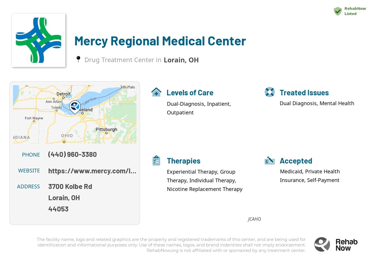 Helpful reference information for Mercy Regional Medical Center, a drug treatment center in Ohio located at: 3700 Kolbe Rd, Lorain, OH 44053, including phone numbers, official website, and more. Listed briefly is an overview of Levels of Care, Therapies Offered, Issues Treated, and accepted forms of Payment Methods.
