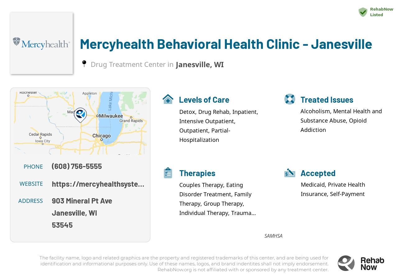 Helpful reference information for Mercyhealth Behavioral Health Clinic - Janesville, a drug treatment center in Wisconsin located at: 903 Mineral Pt Ave, Janesville, WI 53545, including phone numbers, official website, and more. Listed briefly is an overview of Levels of Care, Therapies Offered, Issues Treated, and accepted forms of Payment Methods.
