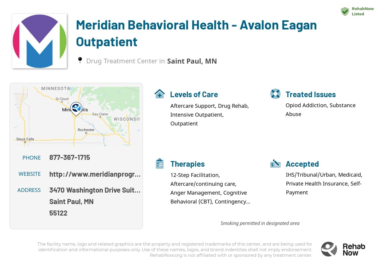 Helpful reference information for Meridian Behavioral Health - Avalon Eagan Outpatient, a drug treatment center in Minnesota located at: 3470 Washington Drive Suite 165, Saint Paul, MN 55122, including phone numbers, official website, and more. Listed briefly is an overview of Levels of Care, Therapies Offered, Issues Treated, and accepted forms of Payment Methods.