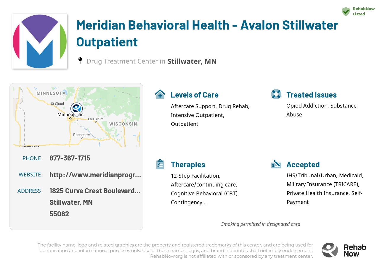Helpful reference information for Meridian Behavioral Health - Avalon Stillwater Outpatient, a drug treatment center in Minnesota located at: 1825 Curve Crest Boulevard Suite 103, Stillwater, MN 55082, including phone numbers, official website, and more. Listed briefly is an overview of Levels of Care, Therapies Offered, Issues Treated, and accepted forms of Payment Methods.