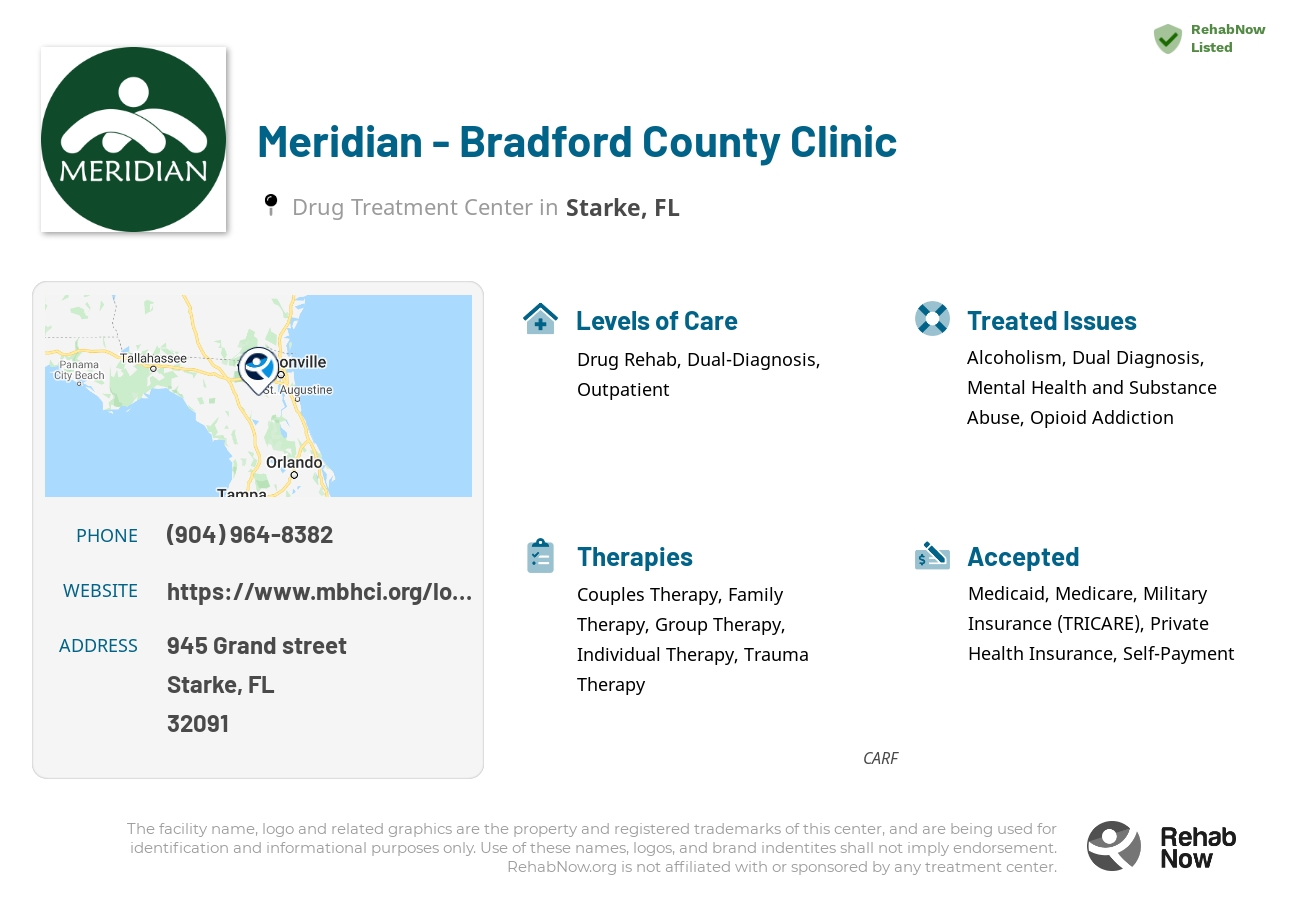 Helpful reference information for Meridian - Bradford County Clinic, a drug treatment center in Florida located at: 945 Grand street, Starke, FL, 32091, including phone numbers, official website, and more. Listed briefly is an overview of Levels of Care, Therapies Offered, Issues Treated, and accepted forms of Payment Methods.