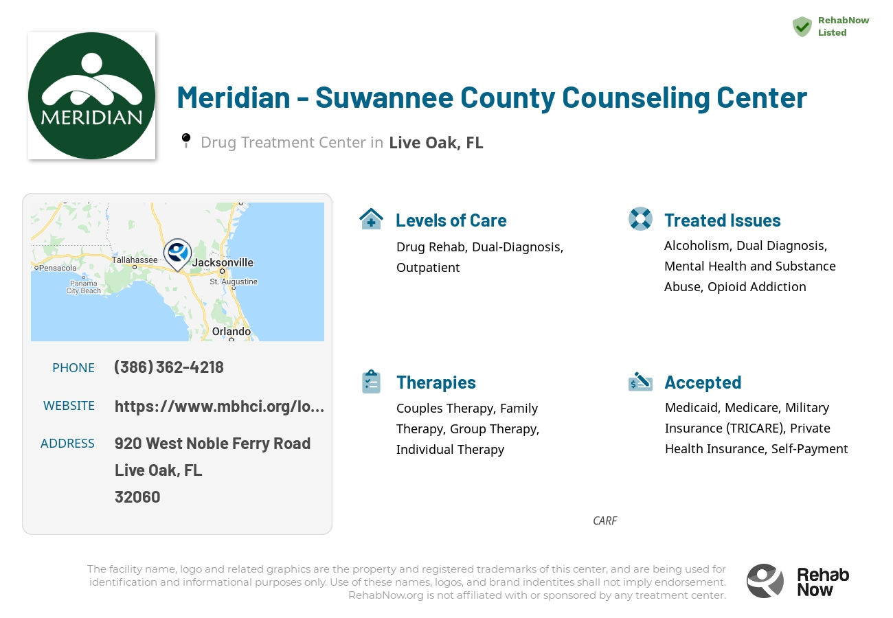 Helpful reference information for Meridian - Suwannee County Counseling Center, a drug treatment center in Florida located at: 920 West Noble Ferry Road, Live Oak, FL, 32060, including phone numbers, official website, and more. Listed briefly is an overview of Levels of Care, Therapies Offered, Issues Treated, and accepted forms of Payment Methods.