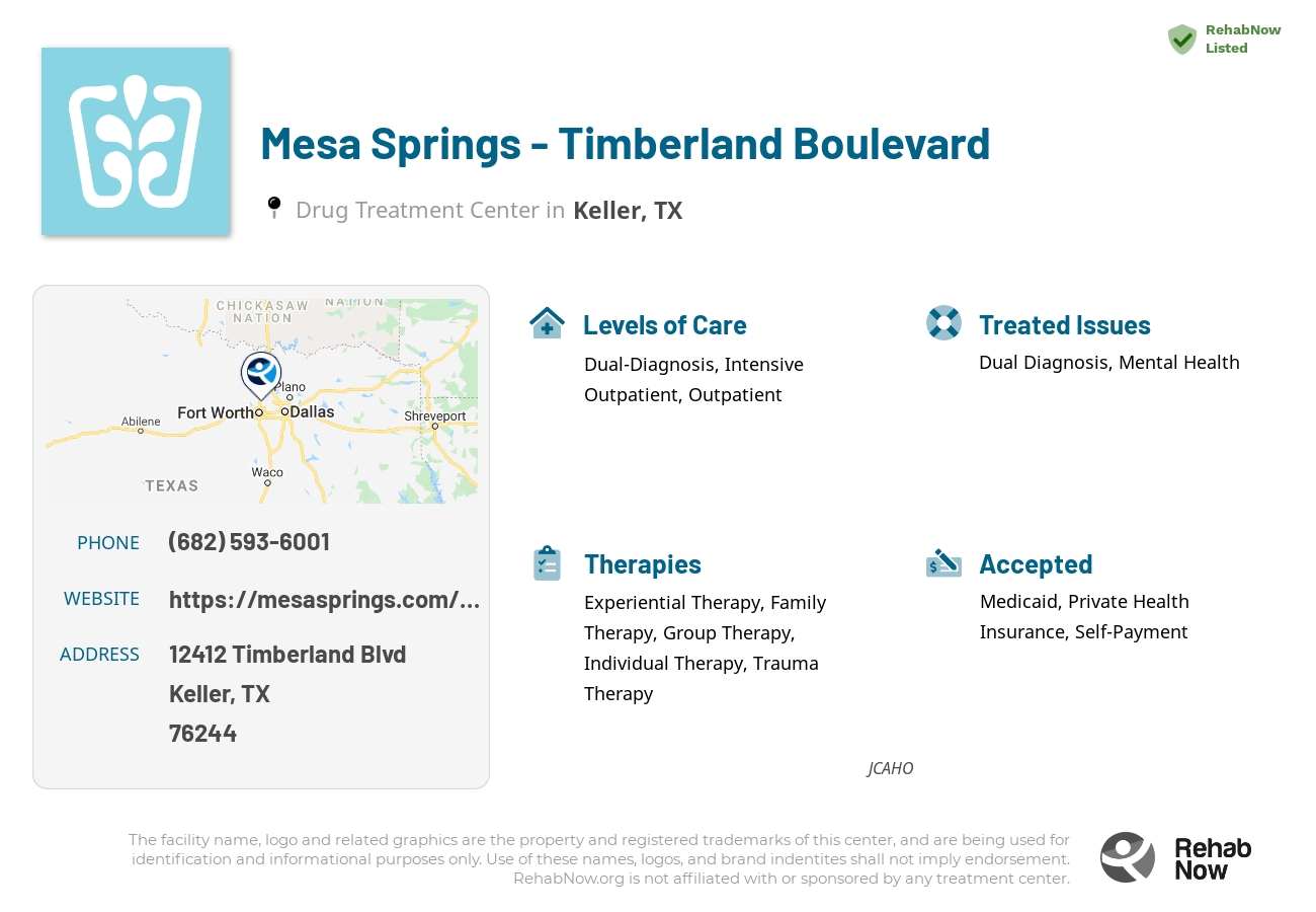 Helpful reference information for Mesa Springs - Timberland Boulevard, a drug treatment center in Texas located at: 12412 Timberland Blvd, Keller, TX 76244, including phone numbers, official website, and more. Listed briefly is an overview of Levels of Care, Therapies Offered, Issues Treated, and accepted forms of Payment Methods.
