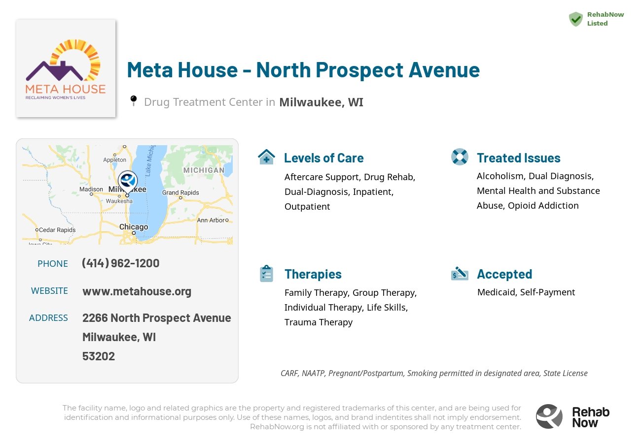 Helpful reference information for Meta House - North Prospect Avenue, a drug treatment center in Wisconsin located at: 2266 North Prospect Avenue, Milwaukee, WI, 53202, including phone numbers, official website, and more. Listed briefly is an overview of Levels of Care, Therapies Offered, Issues Treated, and accepted forms of Payment Methods.