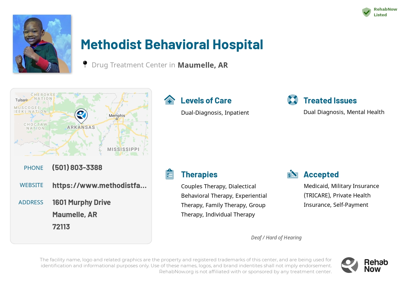 Helpful reference information for Methodist Behavioral Hospital, a drug treatment center in Arkansas located at: 1601 Murphy Drive, Maumelle, AR, 72113, including phone numbers, official website, and more. Listed briefly is an overview of Levels of Care, Therapies Offered, Issues Treated, and accepted forms of Payment Methods.