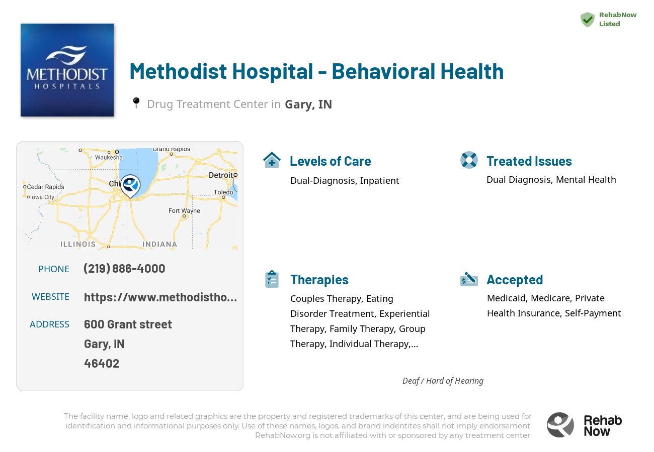 Helpful reference information for Methodist Hospital - Behavioral Health, a drug treatment center in Indiana located at: 600 Grant street, Gary, IN, 46402, including phone numbers, official website, and more. Listed briefly is an overview of Levels of Care, Therapies Offered, Issues Treated, and accepted forms of Payment Methods.