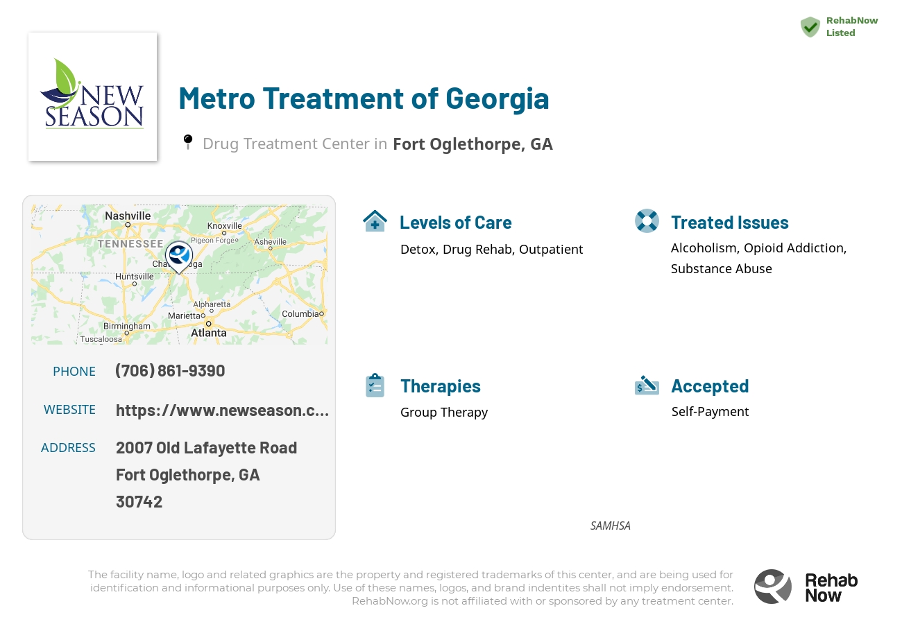 Helpful reference information for Metro Treatment of Georgia, a drug treatment center in Georgia located at: 2007 2007 Old Lafayette Road, Fort Oglethorpe, GA 30742, including phone numbers, official website, and more. Listed briefly is an overview of Levels of Care, Therapies Offered, Issues Treated, and accepted forms of Payment Methods.