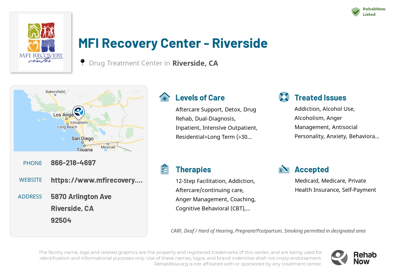 Helpful reference information for MFI Recovery Center - Riverside, a drug treatment center in California located at: 5870 Arlington Ave, Riverside, CA 92504, including phone numbers, official website, and more. Listed briefly is an overview of Levels of Care, Therapies Offered, Issues Treated, and accepted forms of Payment Methods.