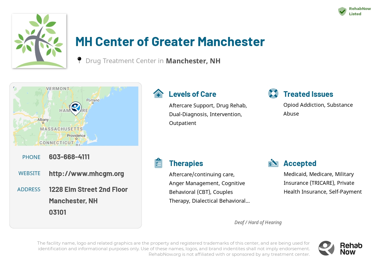 Helpful reference information for MH Center of Greater Manchester, a drug treatment center in New Hampshire located at: 1228 Elm Street 2nd Floor, Manchester, NH 03101, including phone numbers, official website, and more. Listed briefly is an overview of Levels of Care, Therapies Offered, Issues Treated, and accepted forms of Payment Methods.