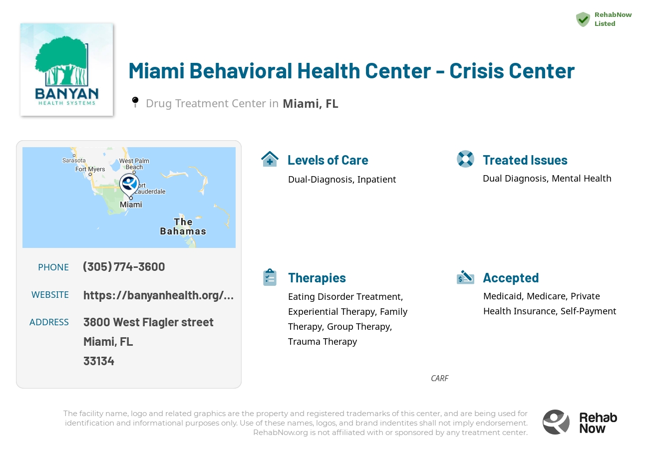 Helpful reference information for Miami Behavioral Health Center - Crisis Center, a drug treatment center in Florida located at: 3800 West Flagler street, Miami, FL, 33134, including phone numbers, official website, and more. Listed briefly is an overview of Levels of Care, Therapies Offered, Issues Treated, and accepted forms of Payment Methods.