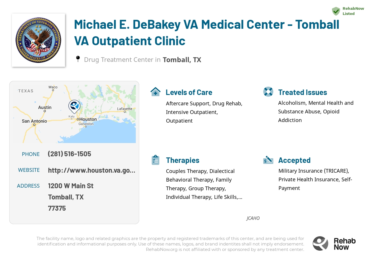 Helpful reference information for Michael E. DeBakey VA Medical Center - Tomball VA Outpatient Clinic, a drug treatment center in Texas located at: 1200 W Main St, Tomball, TX 77375, including phone numbers, official website, and more. Listed briefly is an overview of Levels of Care, Therapies Offered, Issues Treated, and accepted forms of Payment Methods.