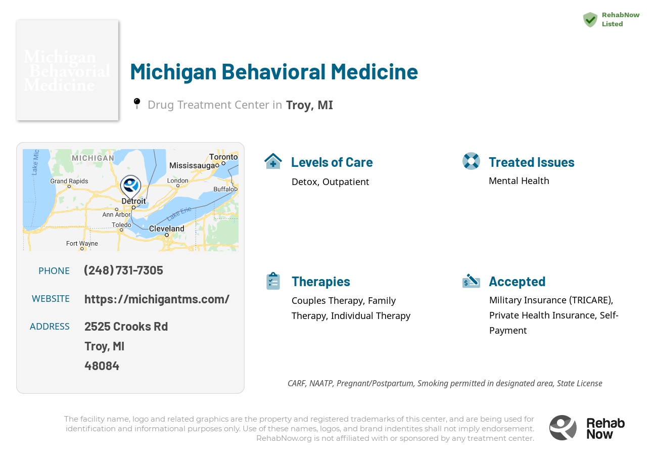 Helpful reference information for Michigan Behavioral Medicine, a drug treatment center in Michigan located at: 2525 Crooks Rd, Troy, MI 48084, including phone numbers, official website, and more. Listed briefly is an overview of Levels of Care, Therapies Offered, Issues Treated, and accepted forms of Payment Methods.