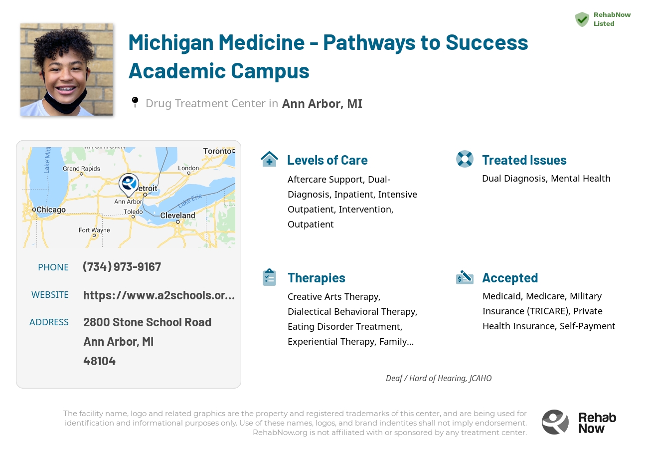 Helpful reference information for Michigan Medicine - Pathways to Success Academic Campus, a drug treatment center in Michigan located at: 2800 Stone School Road, Ann Arbor, MI, 48104, including phone numbers, official website, and more. Listed briefly is an overview of Levels of Care, Therapies Offered, Issues Treated, and accepted forms of Payment Methods.