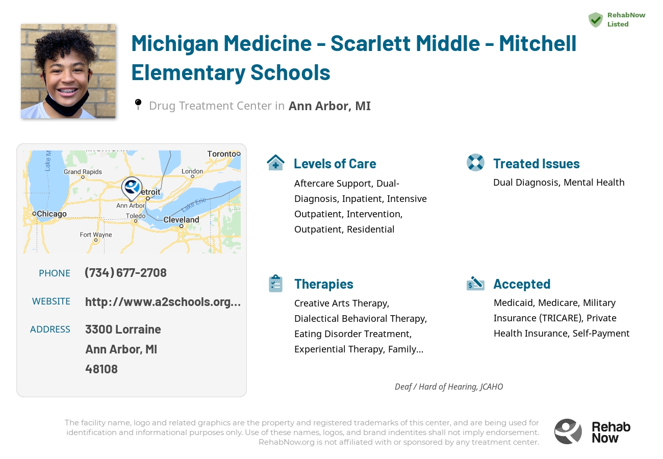 Helpful reference information for Michigan Medicine - Scarlett Middle  - Mitchell Elementary Schools, a drug treatment center in Michigan located at: 3300 Lorraine, Ann Arbor, MI, 48108, including phone numbers, official website, and more. Listed briefly is an overview of Levels of Care, Therapies Offered, Issues Treated, and accepted forms of Payment Methods.