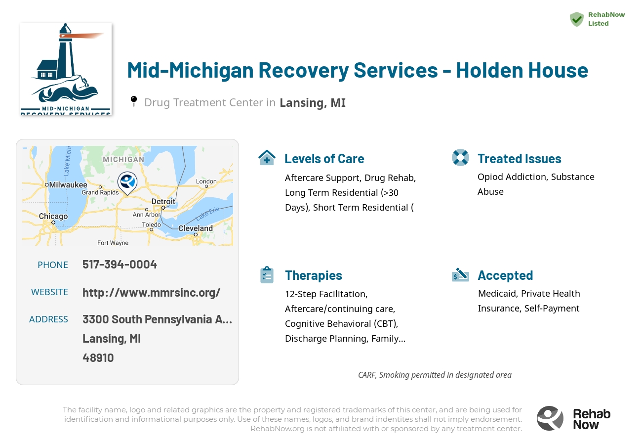 Helpful reference information for Mid-Michigan Recovery Services - Holden House, a drug treatment center in Michigan located at: 3300 South Pennsylvania Avenue, Lansing, MI 48910, including phone numbers, official website, and more. Listed briefly is an overview of Levels of Care, Therapies Offered, Issues Treated, and accepted forms of Payment Methods.