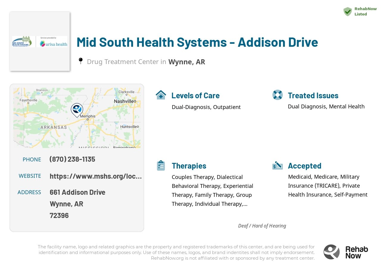 Helpful reference information for Mid South Health Systems - Addison Drive, a drug treatment center in Arkansas located at: 661 Addison Drive, Wynne, AR, 72396, including phone numbers, official website, and more. Listed briefly is an overview of Levels of Care, Therapies Offered, Issues Treated, and accepted forms of Payment Methods.
