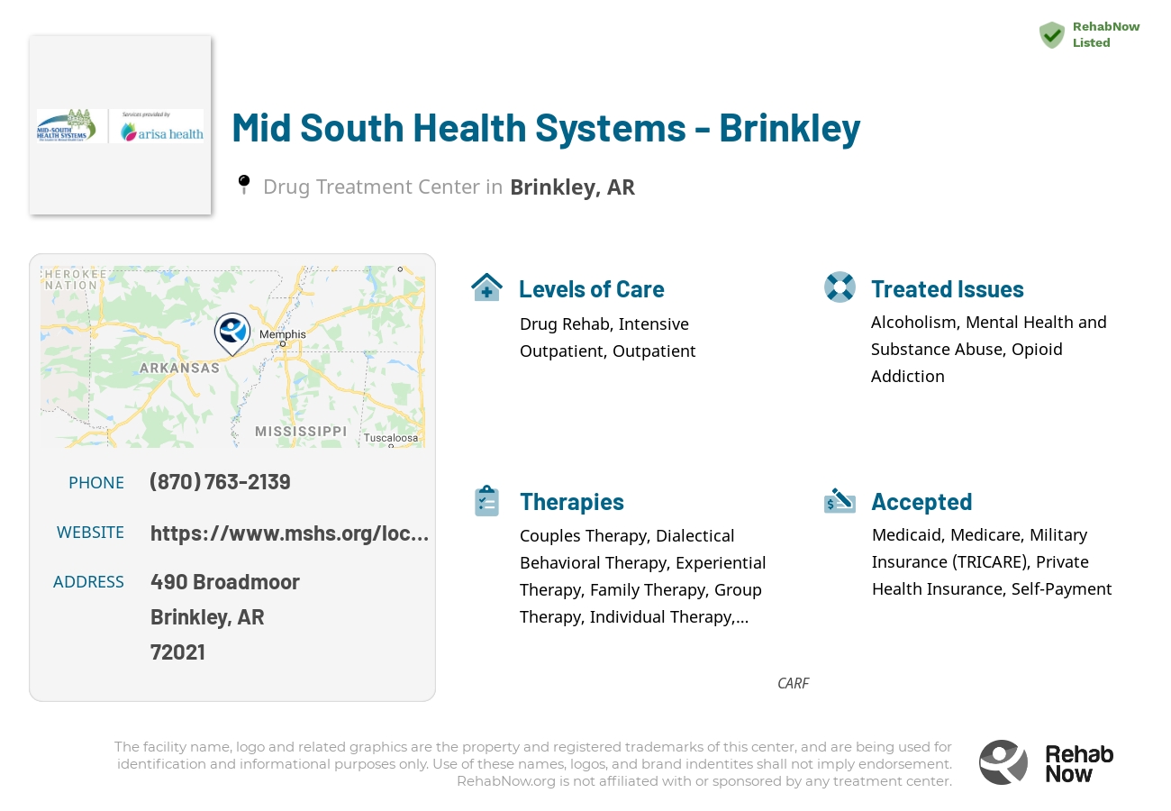 Helpful reference information for Mid South Health Systems - Brinkley, a drug treatment center in Arkansas located at: 490 Broadmoor, Brinkley, AR, 72021, including phone numbers, official website, and more. Listed briefly is an overview of Levels of Care, Therapies Offered, Issues Treated, and accepted forms of Payment Methods.