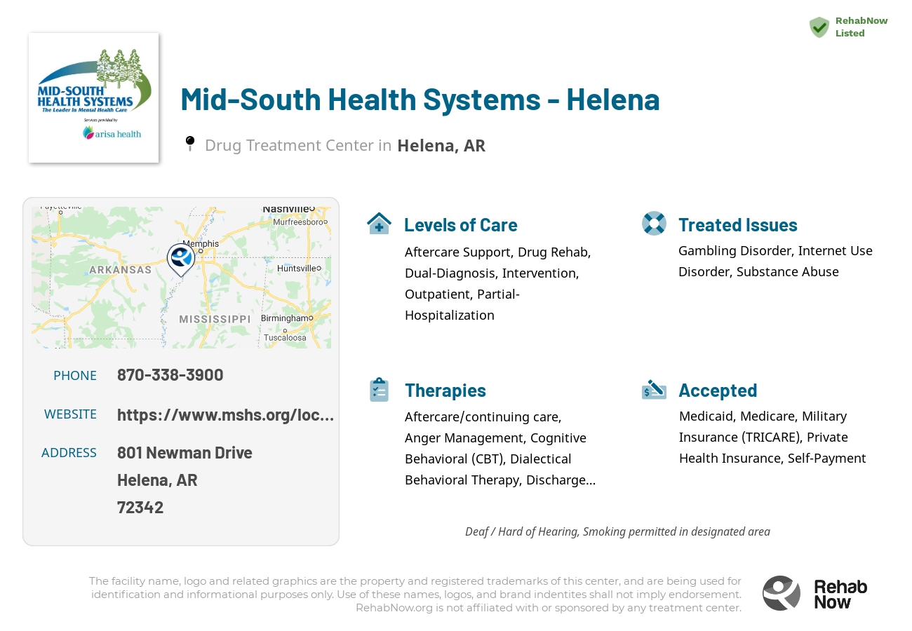 Helpful reference information for Mid South Health Systems - Helena, a drug treatment center in Arkansas located at: 801 Newman Drive, Helena, AR, 72342, including phone numbers, official website, and more. Listed briefly is an overview of Levels of Care, Therapies Offered, Issues Treated, and accepted forms of Payment Methods.