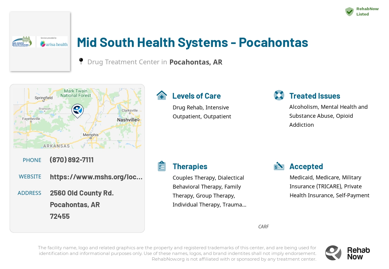 Helpful reference information for Mid South Health Systems - Pocahontas, a drug treatment center in Arkansas located at: 2560 Old County Rd., Pocahontas, AR, 72455, including phone numbers, official website, and more. Listed briefly is an overview of Levels of Care, Therapies Offered, Issues Treated, and accepted forms of Payment Methods.
