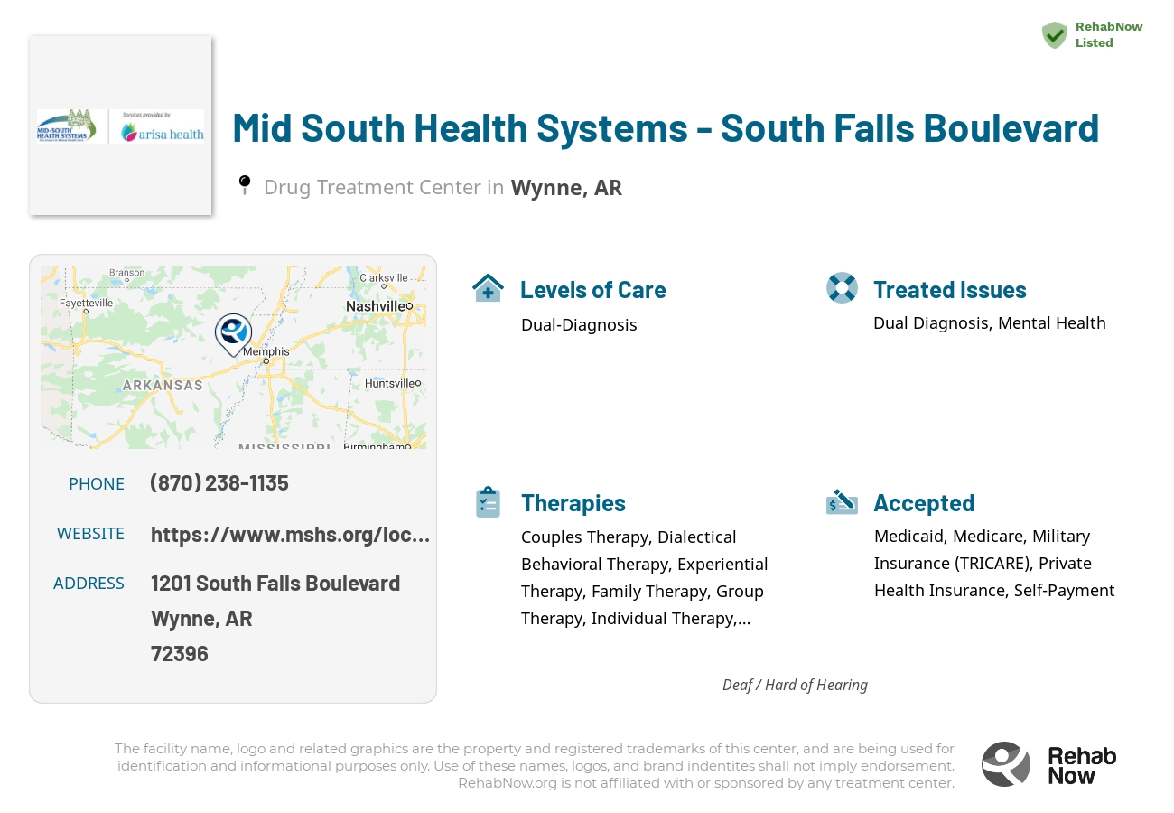 Helpful reference information for Mid South Health Systems - South Falls Boulevard, a drug treatment center in Arkansas located at: 1201 South Falls Boulevard, Wynne, AR, 72396, including phone numbers, official website, and more. Listed briefly is an overview of Levels of Care, Therapies Offered, Issues Treated, and accepted forms of Payment Methods.
