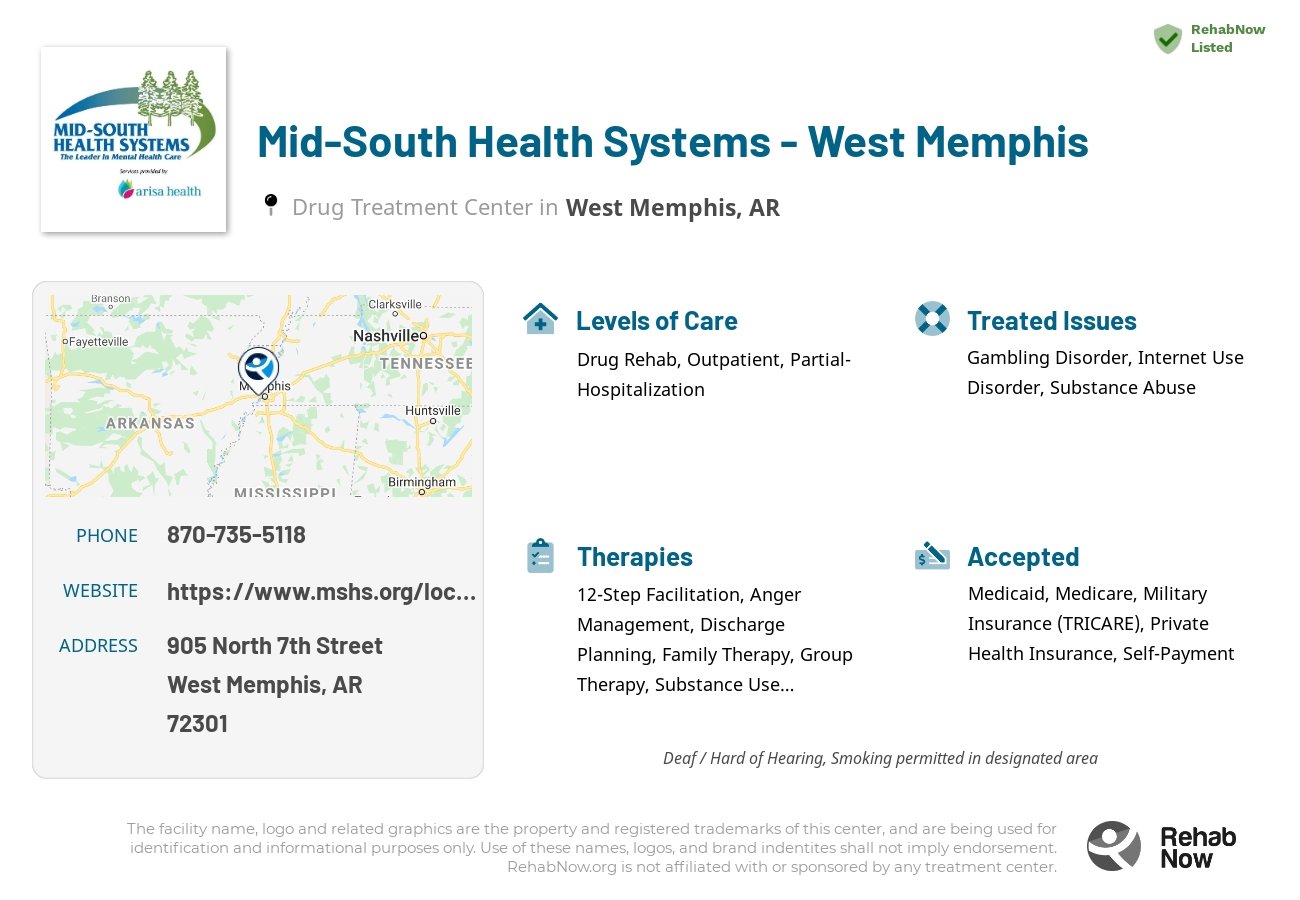 Helpful reference information for Mid South Health Systems - West Memphis, a drug treatment center in Arkansas located at: 905 North 7th Street, West Memphis, AR, 72301, including phone numbers, official website, and more. Listed briefly is an overview of Levels of Care, Therapies Offered, Issues Treated, and accepted forms of Payment Methods.