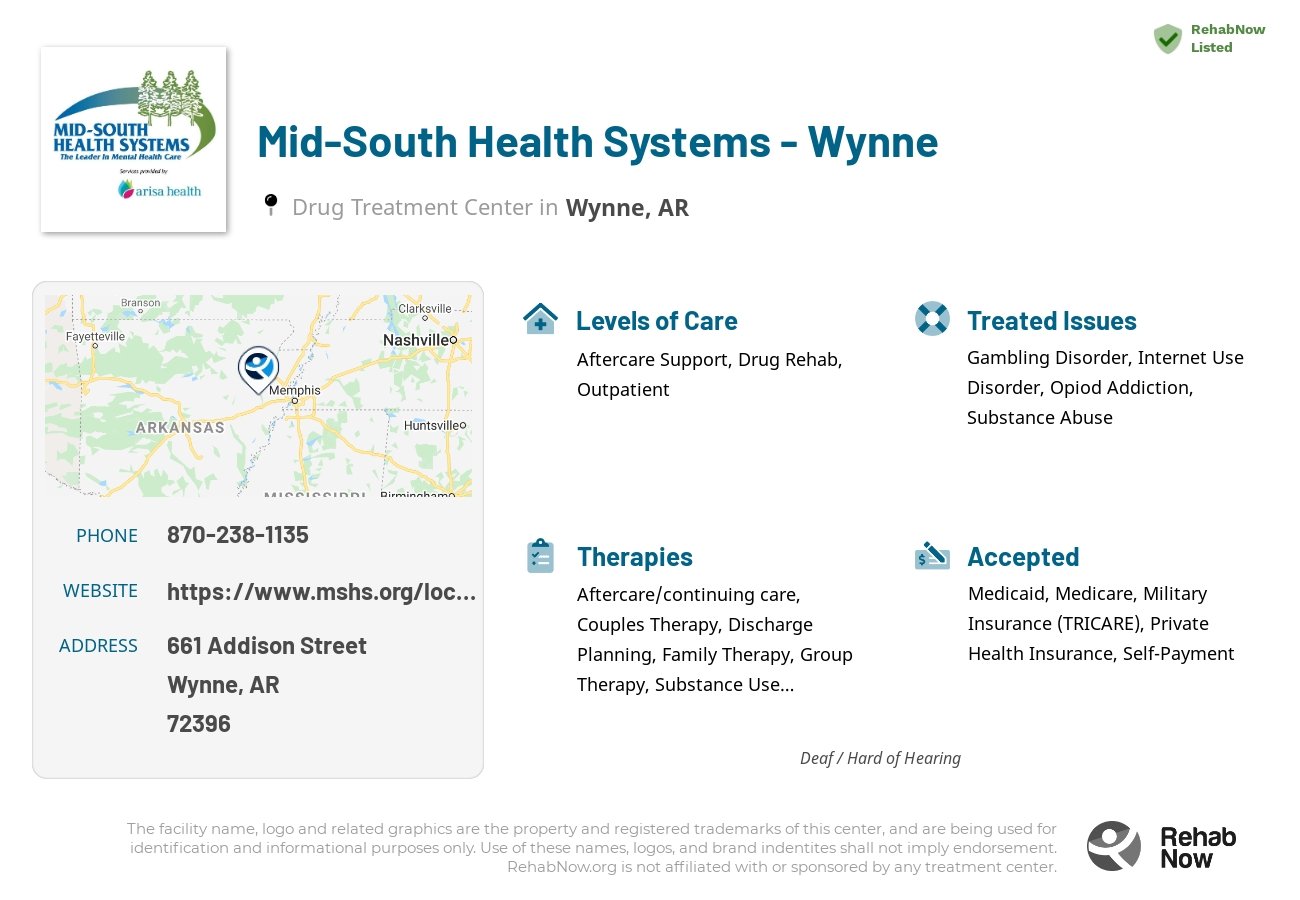 Helpful reference information for Mid-South Health Systems - Wynne, a drug treatment center in Arkansas located at: 661 Addison Street, Wynne, AR 72396, including phone numbers, official website, and more. Listed briefly is an overview of Levels of Care, Therapies Offered, Issues Treated, and accepted forms of Payment Methods.