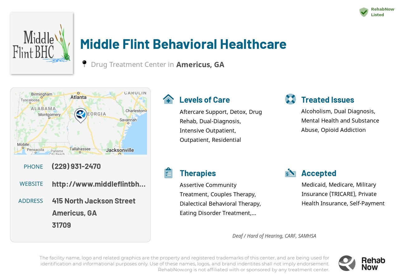 Helpful reference information for Middle Flint Behavioral Healthcare, a drug treatment center in Georgia located at: 415 415 North Jackson Street, Americus, GA 31709, including phone numbers, official website, and more. Listed briefly is an overview of Levels of Care, Therapies Offered, Issues Treated, and accepted forms of Payment Methods.