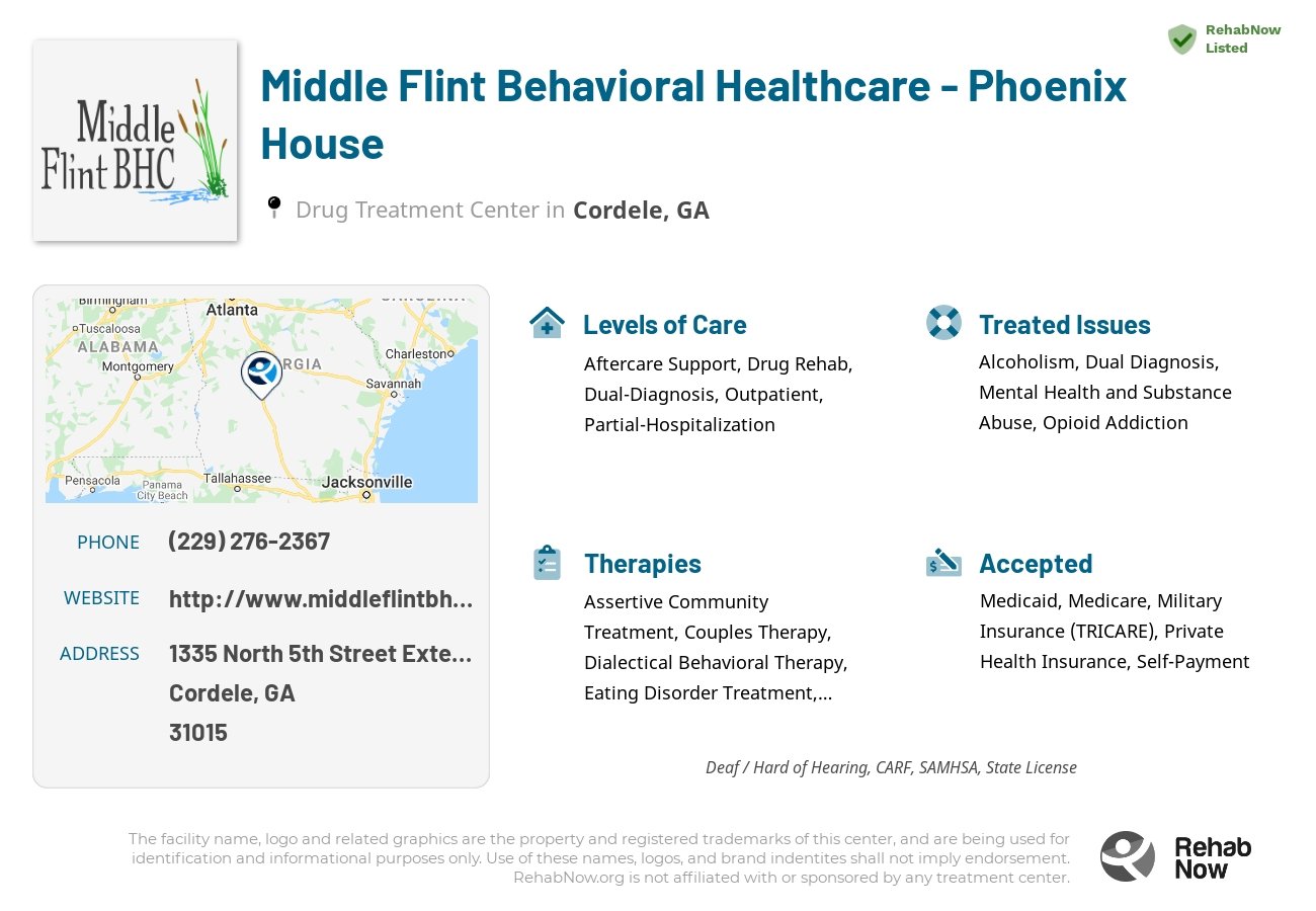 Helpful reference information for Middle Flint Behavioral Healthcare - Phoenix House, a drug treatment center in Georgia located at: 1335 1335 North 5th Street Extension, Cordele, GA 31015, including phone numbers, official website, and more. Listed briefly is an overview of Levels of Care, Therapies Offered, Issues Treated, and accepted forms of Payment Methods.